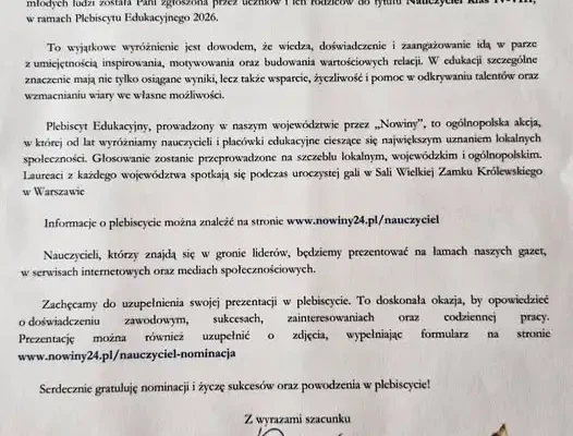 Paulina Gozdek-Zalać nominowana do tytułu Nauczyciel Klas IV-VIII w Plebiscycie Edukacyjnym 2026