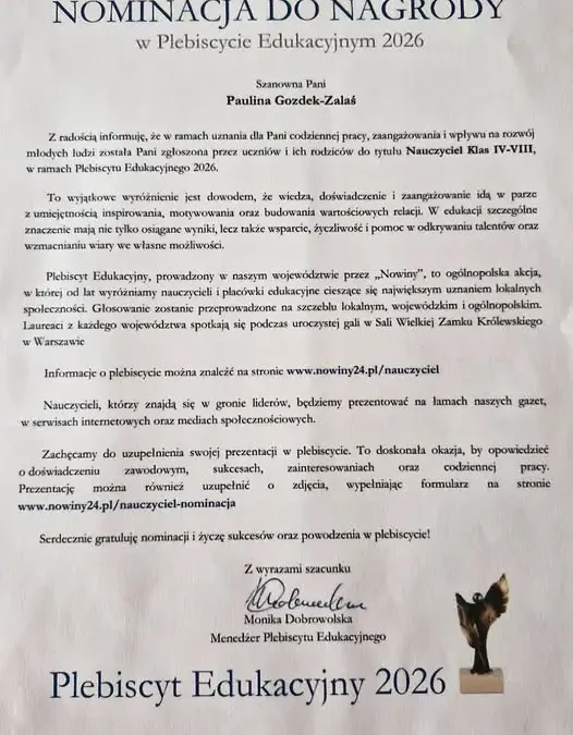 Paulina Gozdek-Zalać nominowana do tytułu Nauczyciel Klas IV-VIII w Plebiscycie Edukacyjnym 2026
