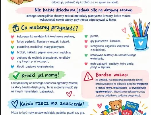 Zbiórka artykułów plastycznych i gier dla małych pacjentów onkologii w Katowicach