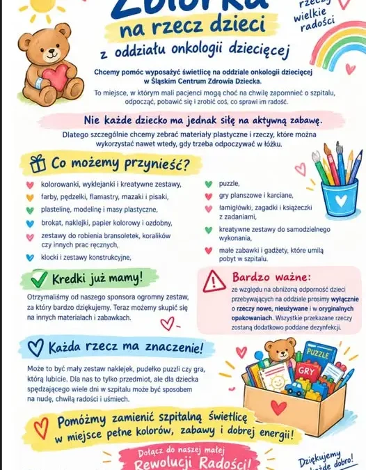 Zbiórka artykułów plastycznych i gier dla małych pacjentów onkologii w Katowicach