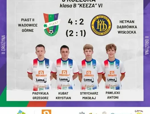 Rezerwy Piasta Wadowice Górne rozbiły Hetmana Dąbrówka Wisłocka 4:2
