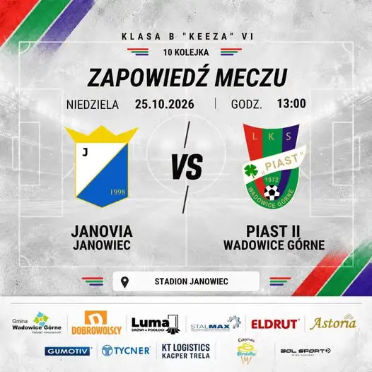 Rezerwy Piasta Wadowice Górne zagrają z wiceliderem Janovią Janowiec