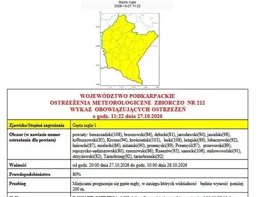 Gęsta mgła nad Podkarpaciem – IMGW ostrzega wszystkie powiaty