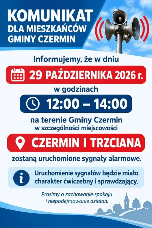 Ćwiczebne sygnały alarmowe w Gminie Czermin – mieszkańcy proszeni o spokój
